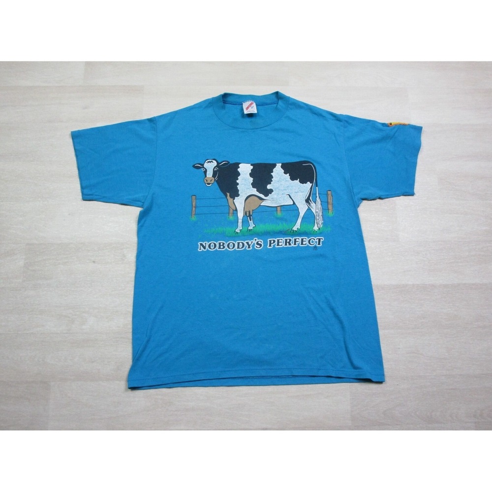 Vintage 1987 LSJ Sportswear (L) Cow T Shirt Nobody's Perfect Animal Nature Print